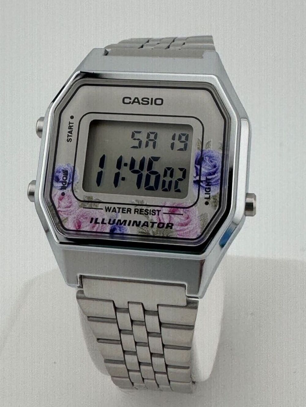 Casio Vintage Floral Digital Watch, Silver Stainless Steel Bracelet, Unisex